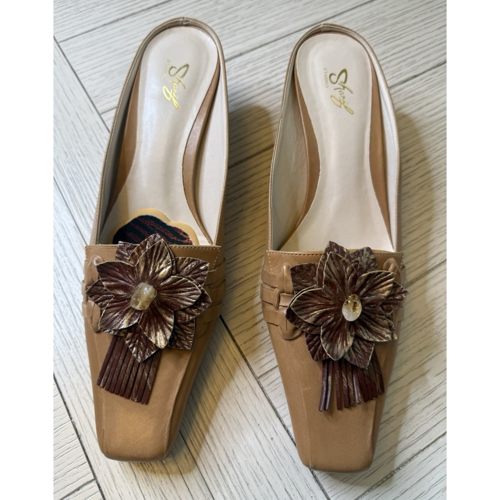 Sharif Studio Brown Leather 2" Kitten Heel Mules Slides Flower Retro Glam Sz 8 M
